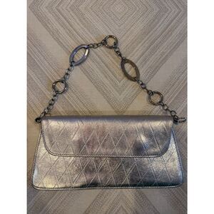 Roberto Vascon Metallic Silver Quilted Clutch – Evening Bag with Chain Handle